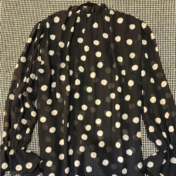 Black Sheer Polka Dot Flowy Long Sleeve Blouse, button front ruffle placket - Picture 2 of 9